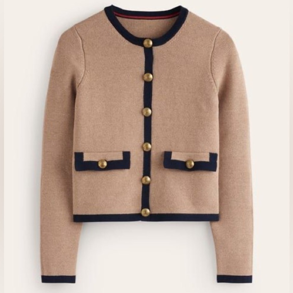 Boden Holly Knitted Jacket Tan with Navy Trim and Gold Buttons